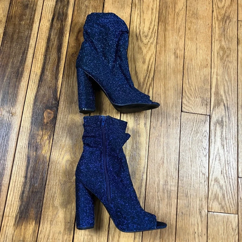 Blue Glitter Peep Toe Slouchy Block Heel‎ Ankle Boots Size 8.5